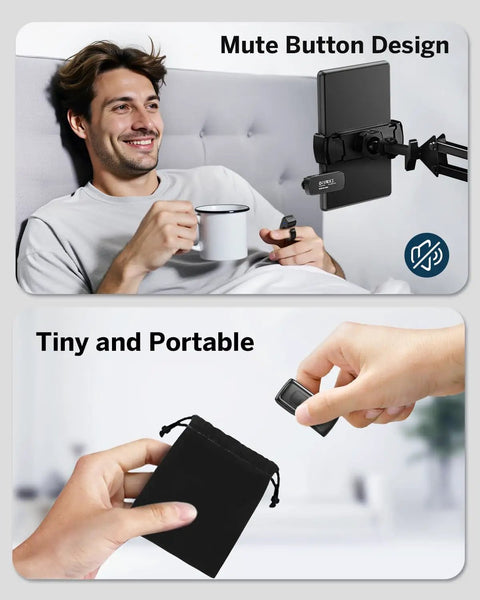 Man using Case Friendly Page Turner Ring Remote For Kindle iPad Kobo Tablets Hands Free Page Flipper With Clip No Bluetooth Needed Quick Clicks To Turn Pages, highlighting mute button design and compact storage bag