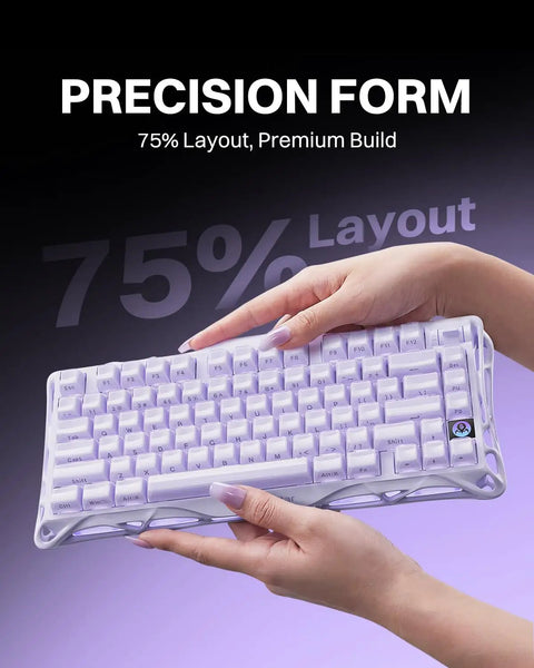 Compact 75 Percent Wireless Mechanical Gaming Keyboard Featuring Premium Aluminum Chassis And Adjustable RGB Lighting held in hands