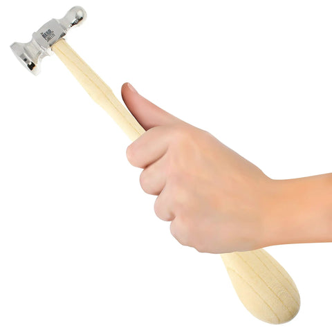 Hand gripping Two-Sided Chasing Hammer With Wooden Handle And Steel Head, 14mm Ball Pein And 28mm Domed Face for metalworking.