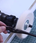 7 Piece 3 Inch Buffing And Polishing Wheels Kit Featuring 3 8 Arbor Mount For Bench Grinders Mixed Grit Abrasive Pads in use on a workpiece.
