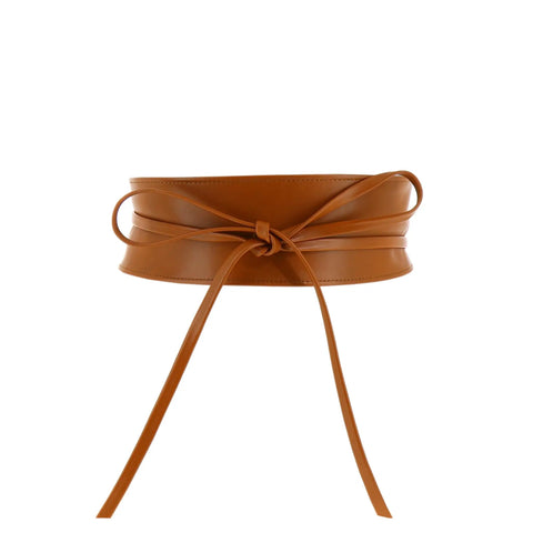 Women Italian Leather Obi Belt In Rich Camel Buttery Soft Full Grain Cowhide Wide Waist Sash on display with tied ends.
