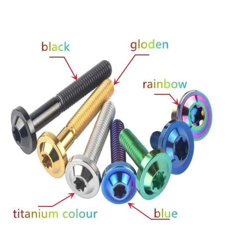 Premium Grade 5 Titanium Torx Flange Button Head Bolts in various colors including black, gold, blue, and rainbow, M4 M5 M6 M8 sizes.