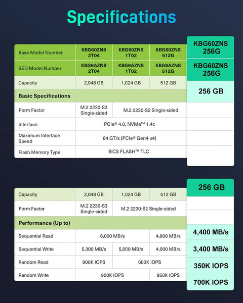 Total Beast USB4 To NVMe SSD Enclosure Supporting Blazing Forty Gbps Transfers And Hella Efficient Dual Layer Aluminum Cooling For Slick Tool Free Setup And Smooth Portable Storage Workflow specifications table showing model numbers, capacities, and performance metrics.