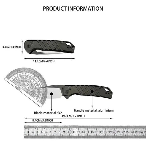 No Hassle Button Lock Pocket Knife Carrying A Razor Sharp Two Tone D2 Steel Blade And Milled Aluminum Handle With A Sturdy Reversible Clip Built For Heavy Duty Everyday Carry And Trail Ready Outdoor Adventures, showing dimensions and materials.