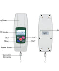 Workhorse Digital Push Pull Force Gauge Portable Dynamometer With Auto Shutdown Real Time And Peak Modes Four Unit Conversion Tension And Pressure Tester Handheld Meter For Diy Lab And Industrial Use front and back view with LCD, buttons, and hook