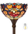 Close-up of Orange Tiffany Style Floor Lamp With Stained Glass Shade, 12 Inch Wide 71 Inch Tall Torchiere and LED bulb