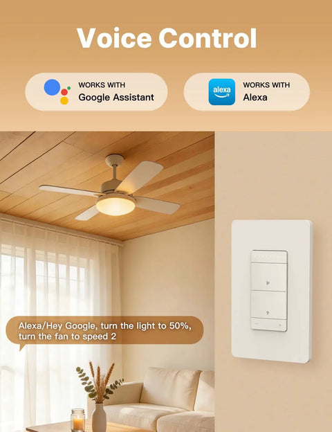 Star Ring Smart Ceiling Fan Control And Dimmer Switch installed in a living room with Alexa and Google Home compatibility icons.