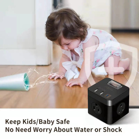 Child near Travel Friendly Power Strip Cube With USB C 5ft Extension Cord Compact Weatherproof Surge Protector Outdoor Outlets