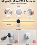 Magnetic Mount Wall Sconce Set of 2, highlighting easy attachment method without wiring, battery-operated design.