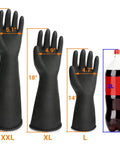 Heavy Duty Chemical Resistant Gloves For Tough Industrial Jobs And Stubborn Household Grime, Extra Large Black Latex gloves displayed with size measurements.
