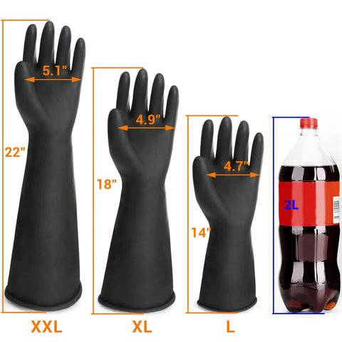 Heavy Duty Chemical Resistant Gloves For Tough Industrial Jobs And Stubborn Household Grime, Extra Large Black Latex gloves displayed with size measurements.