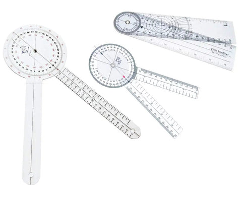 Original 6 Piece Goniometer Set Plus Measuring Tape 7 Piece Comprehensive Angles Kit For Physical Therapy And Rehab EGM431 Includes Multiple Size Goniometers, clear plastic