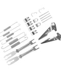 Rear Drum Brake Hardware Kit Steel Construction With Springs Pins And Retainers No Hassle Install For Cars And Auto Shops Heavy Duty Drum Brake Repair Kit Delivers Leak Prevention Longer Lifespan And Reliable Stopping Power. steel hardware kit laid out on white