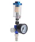 Mini Air Filter Water Separator With Pressure Gauge And Manual Drain One Quarter Inch Line Regulator For Spray Pneumatic Gun Prevents Water And Condensation In Your System Pro Grade Air Filtration For DIY And Shop Use showing front view with clear filter bowl and gauge.