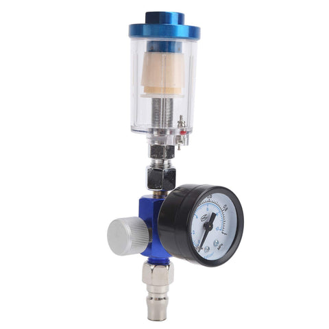 Mini Air Filter Water Separator With Pressure Gauge And Manual Drain One Quarter Inch Line Regulator For Spray Pneumatic Gun Prevents Water And Condensation In Your System Pro Grade Air Filtration For DIY And Shop Use showing front view with clear filter bowl and gauge.