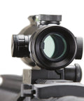 Close-up of red dot sight on Gen 2 M4 SPR Interceptor Polymer Airsoft AEG with enclosed red dot sight and top optic rail.