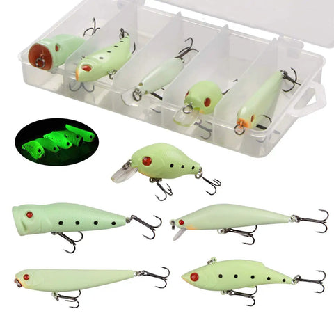 Luminous Night Fishing Lure Kit 5Pc With VIB Popper Crankbait Minnow Pencil Lure And Treble Hook Lures In A Handy Tackle Box