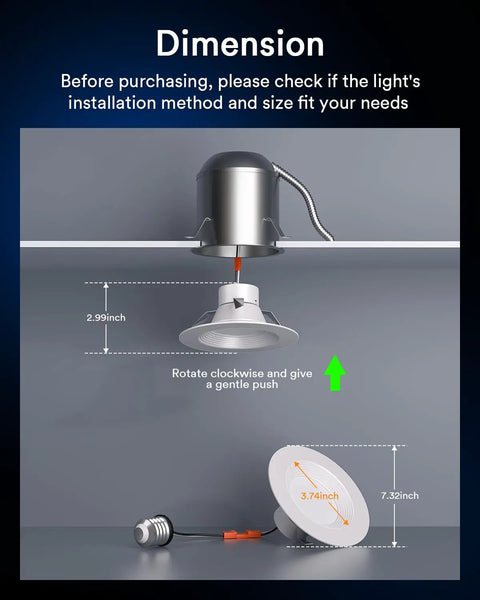 Installation process of 4 Pack Smart LED Recessed Lighting 5 To 6 Inch RGB Color Changing WiFi Can Lights with dimensions shown