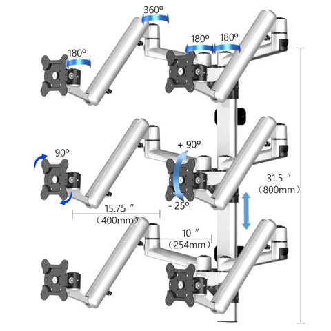 Hella Adjustable Spring Arm Six Monitor Wall Mount For Flat Panel Displays showing adjustable arms and rotation angles.