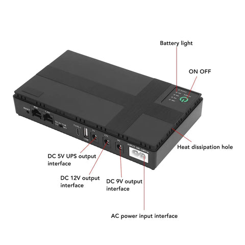 Rock Solid UPS Battery Backup With 20000mAh Core And 18W Output showing output interfaces and power input location.