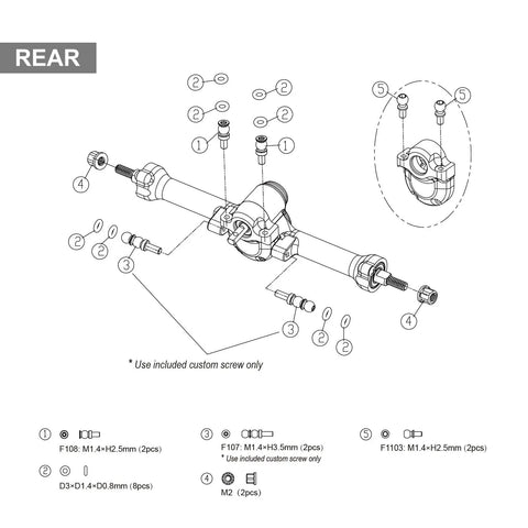Rear assembly diagram for 3mm Planet Axles With Brass Steering Knuckles For 1/30 Scale Axial SCX30 RC Crawler Upgrade Kit