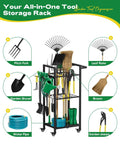 Heavy Duty 3 Tier Metal Garden Tool Organizer On Wheels With Side Hooks Freestanding Garage Storage Rack holding tools