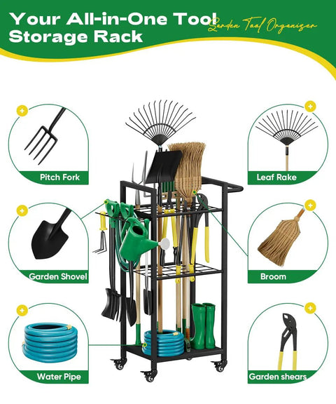 Heavy Duty 3 Tier Metal Garden Tool Organizer On Wheels With Side Hooks Freestanding Garage Storage Rack holding tools