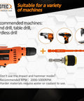 Drill set with recommended use for hand drill, table drill, cordless drill, includes various drill heads and accessories.