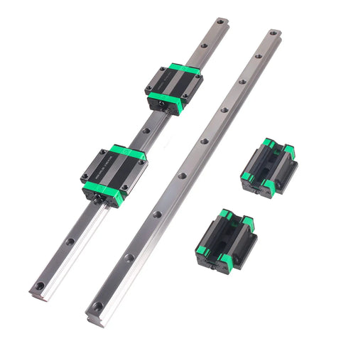 2 Pack HGR20 1500mm Linear Guide Rails and 4 HGW20CC Flange Type Bearing Carriage Blocks for DIY CNC Routers Lathes and Mills Beefy Heavy Duty Smooth Pro Grade Linear Slide Kit on a white background, showing two rails with four carriage blocks attached.