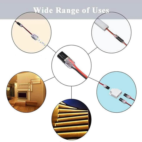 Easy Snap Double Wire Plug In Connectors With Locking Buckle For Strip Lights And DIY Projects shown in various uses