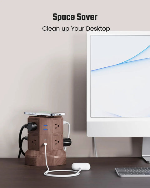 Power Strip Surge Protector Tower With 15W Wireless Charger 13A Charging Station 1050J Surge Protection 8 AC Outlets And 4 USB Ports 2 USB C Ports 6.5 Foot Extension Cord For Home Office Brown next to a monitor on a desk.