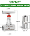 3/8 NPT stainless steel needle valve with dimensions and features