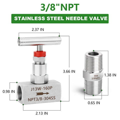 3/8 NPT stainless steel needle valve with dimensions and features