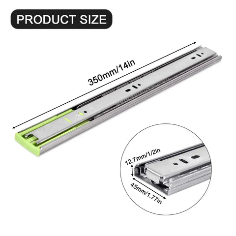 Soft Close Drawer Slides With Beefy Full Extension And Quiet Ball Bearing Rails Damping Thickened Guide For Silent Operation Stainless Steel Black Finish 14 Inch 150 Pound Capacity 3 Fold System shown with dimensions