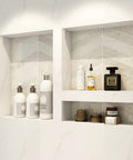 Shower Niche Organizer Set For Tile Ready Bathrooms Durable ABS Recessed Shelf Two Pack With Easy Install displaying bathroom items