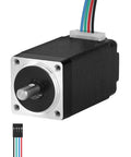 NEMA 8 stepper motor, front view: black body with silver faceplate, protruding shaft, multi-colored wiring connector
