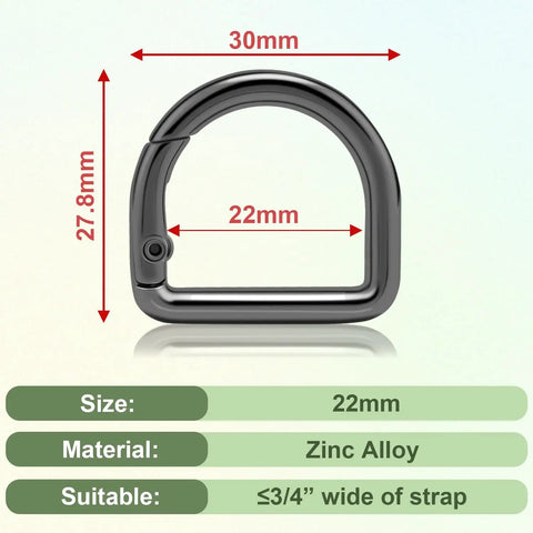 10 Pack Small D Ring Carabiner Clips Set, Metal Spring D Rings Keychain Hooks showing size and zinc alloy material details