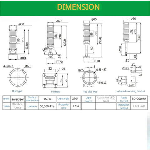 Technical dimensions of Industrial LED Warning Light for Security and Alarm Systems with Flashing or Steady Modes Multi Layer