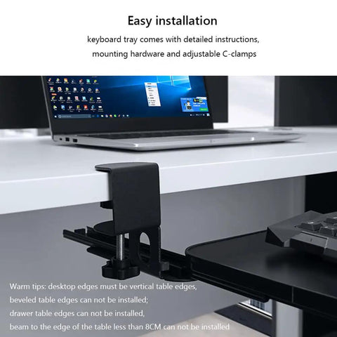 Close-up of Hella Sturdy Under Desk Keyboard And Mouse Tray Pull Out Sliding Platform with C-clamp mount for easy installation.