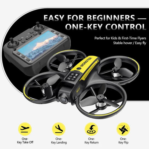 Beginner Kids Drone With Camera And Remote Control Brushless Motors For Quieter Power Optical Flow Hover One Key Takeoff FPV Video 360 Degree Roll Stunts Kid Friendly Stable Flight For Young Flyers Yellow Batteries Included showing drone and remote.