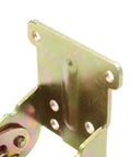 Close-up of Badass Stability Adjustable Folding Hinge Lock Extension Support with golden finish, designed for table legs and RV setups.