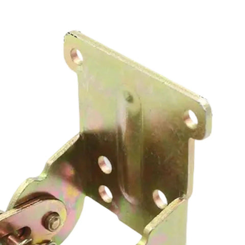Close-up of Badass Stability Adjustable Folding Hinge Lock Extension Support with golden finish, designed for table legs and RV setups.