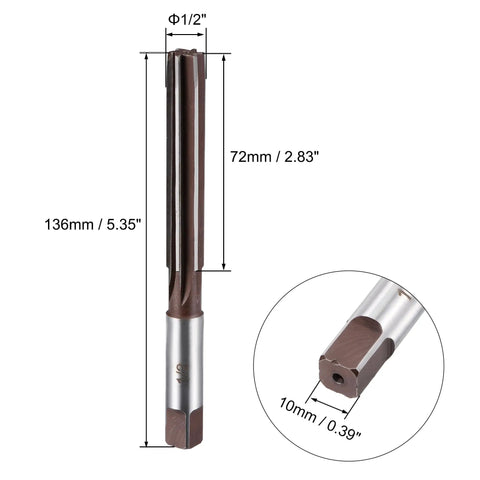 Half Inch Hand Reamer H8 Precision Tool Steel With 6 Flutes Straight Shank Milling Cutter, dimensions displayed