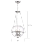 Silver pendant light with clear globe shade, 3 bulbs, 15 inches wide, chain suspension, suitable for dining or kitchen use
