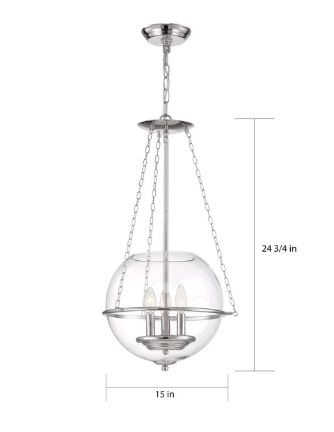 Silver pendant light with clear globe shade, 3 bulbs, 15 inches wide, chain suspension, suitable for dining or kitchen use