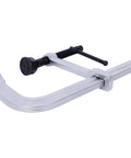 Heavy Duty F Clamp With Removable Swivel Pads And Deep 8 Inch Jaw, showing robust steel arm design for woodworking.