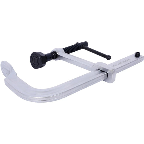 Heavy Duty F Clamp With Removable Swivel Pads And Deep 8 Inch Jaw, showing robust steel arm design for woodworking.