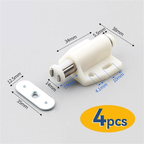 4 Pack Magnetic Push Latch For Cabinets And Drawers Push To Open Easy Access Built Tough Magnetic Cabinet Locks Hidden Handle Hardware Durable Stainless Steel And White Finish For Kitchen Cabinets with product dimensions.