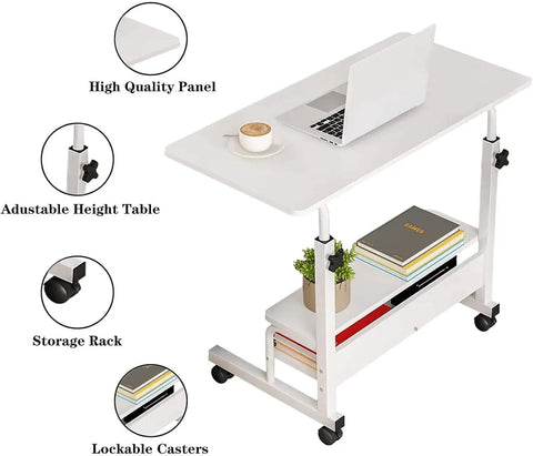 Height Adjustable Mobile Computer Desk With Wheels For Small Spaces And Corner Setup Laptop Table 31.5 Inch Desktop White with storage shelves and lockable casters