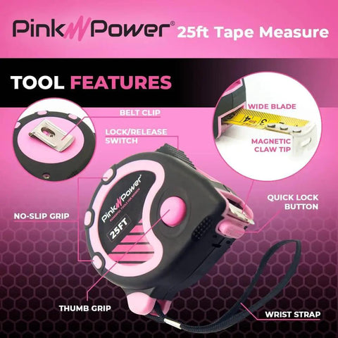 Pretty Pink 25 Foot Tape Measure For Women's Tool Kit With Retractable Blade, Magnetic Claw, and Lock Button, Close-up View